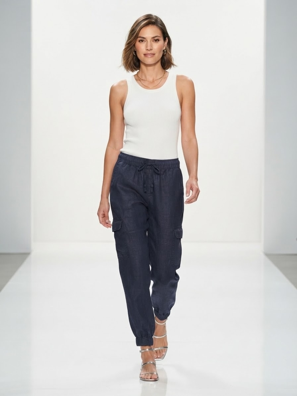 Nicole Miller New York 100% Linen Black Cargo Jogger Pants Medium